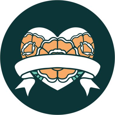 ikonik dövme stili bir kalp ve çiçekli pankart