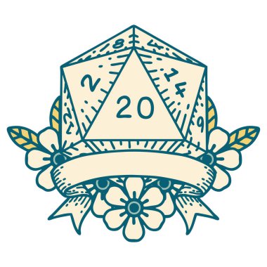 Retro Dövme Biçimi Doğal 20 kritik vuruş D20 zar atma