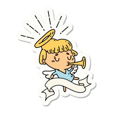 Trompet çalan dövme stili bir meleğin çıkartması.