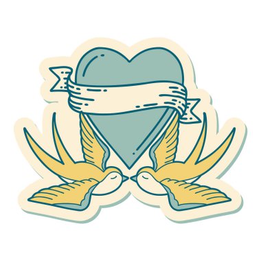 Geleneksel kırlangıç stili dövme çıkartması ve sancaklı bir kalp