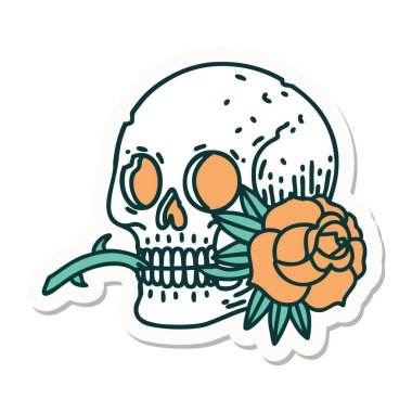 Geleneksel kafatası ve gül stili dövme çıkartması.