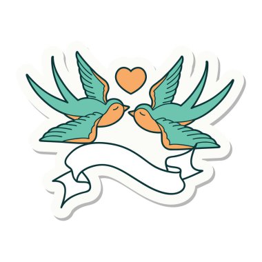 Dövme stili çıkartma. Kırlangıçlar ve kalp işareti var.