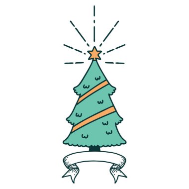 Dövme stili afiş, yıldızlı yılbaşı ağacı.