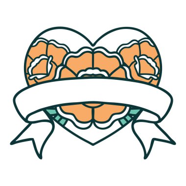 ikonik dövme stili bir kalp ve çiçekli pankart