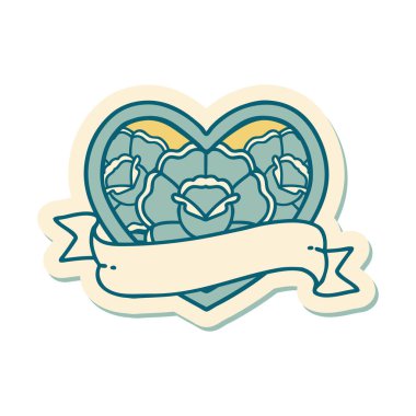 Geleneksel kalp stili dövme çıkartması ve çiçekli pankart.