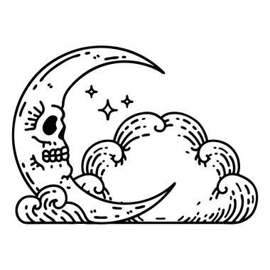 Kafatası hilal ve bulutlar şeklinde siyah çizgi şeklinde dövme.