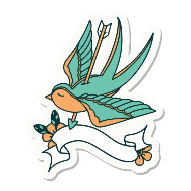 Okun deldiği bir kırlangıç sancağına sahip dövme stili çıkartması