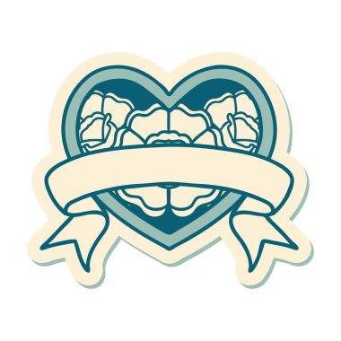 Geleneksel kalp stili dövme çıkartması ve çiçekli pankart.