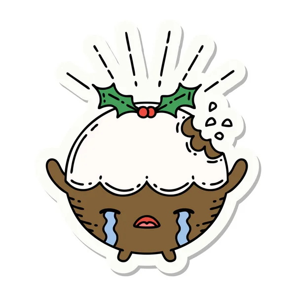 Sticker Tattoo Style Christmas Pudding Character Crying — Stock Vector