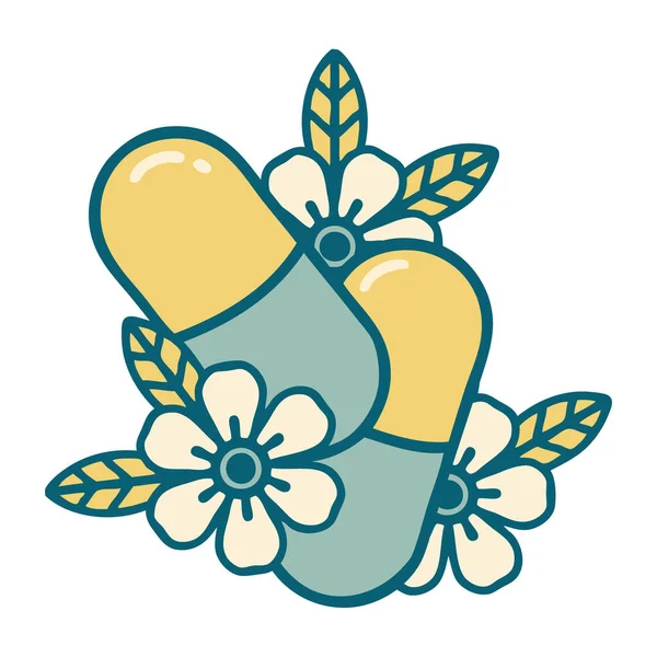 錠剤や花の象徴的なタトゥースタイルのイメージ — ストックベクタ