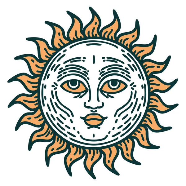 Imagem Icônica Estilo Tatuagem Sol Com Cara — Vetor de Stock