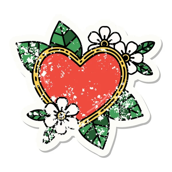 Distressed Sticker Tattoo Traditional Style Botanical Heart — Stock Vector