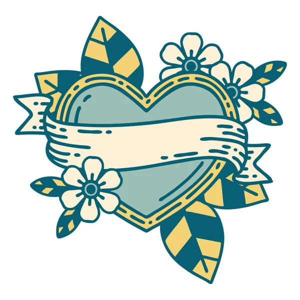 Ikonický Styl Tetování Obrázek Srdce Banneru — Stockový vektor
