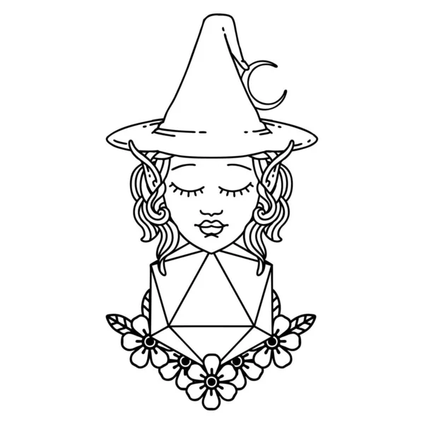 Black White Tattoo Linework Gaya Elf Mage Character Dengan Natural - Stok Vektor