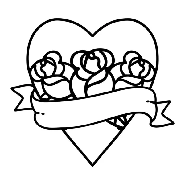 Tattoo Black Line Style Heart Banner Flowers — Stock Vector