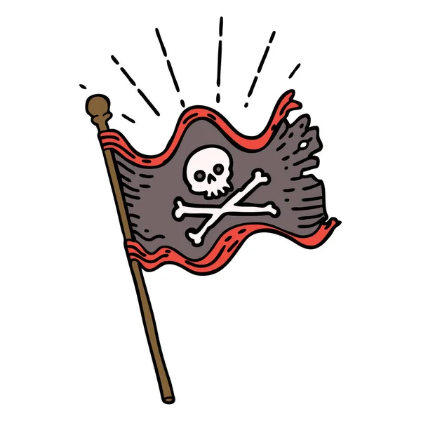 Illustration Style Tatouage Traditionnel Agitant Drapeau Pirate — Image vectorielle