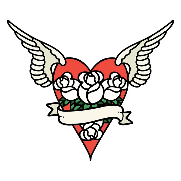 Татуировка Традиционном Стиле Летающего Сердца Цветами Баннером — стоковый вектор