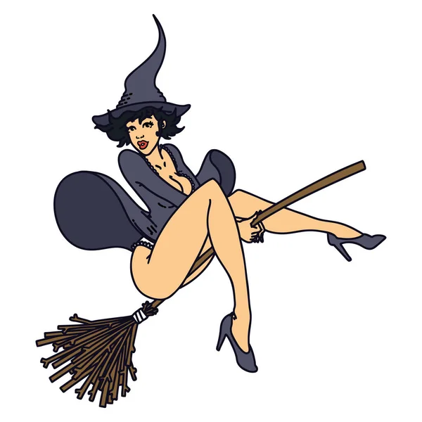 Tatuaje Estilo Tradicional Una Bruja Pinup — Vector de stock