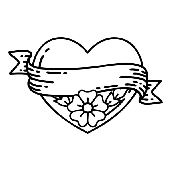 Tatuering Svart Linje Stil Ett Hjärta Och Banner Med Blommor — Stock vektor