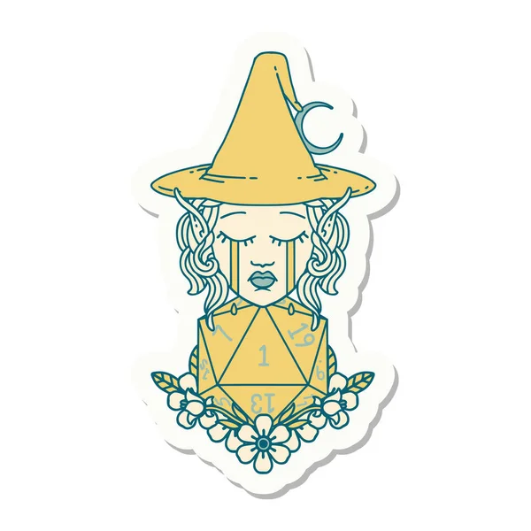 Sticker Crying Elf Witch Natural One D20 Roll — Stock Vector