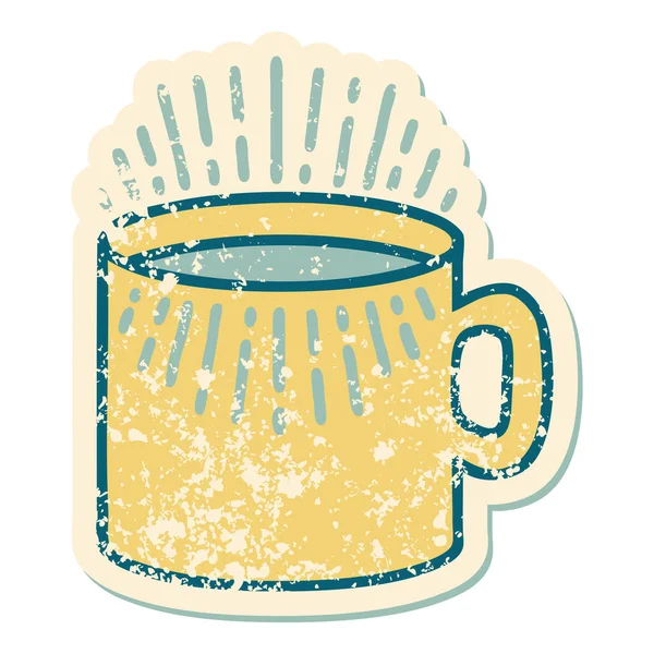 标志性焦虑症贴纸纹身风格的咖啡杯图像 — 图库矢量图片