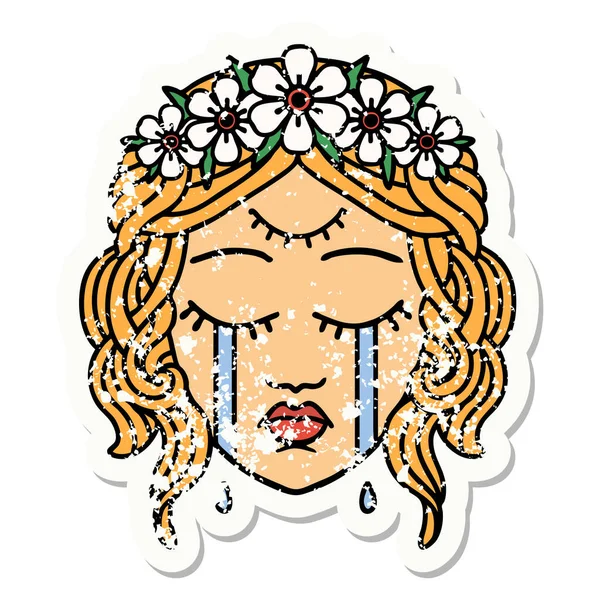 Distressed Sticker Tattoo Traditional Style Female Face Third Eye Crown — Stock Vector