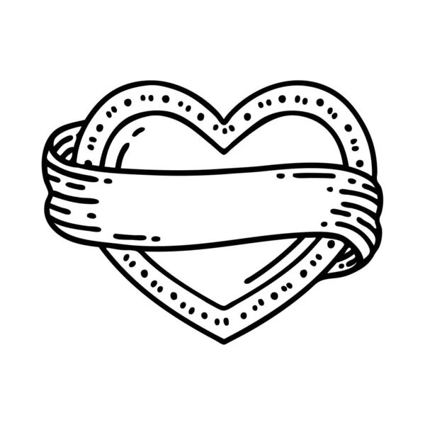 Tattoo Black Line Style Heart Banner — Stock Vector