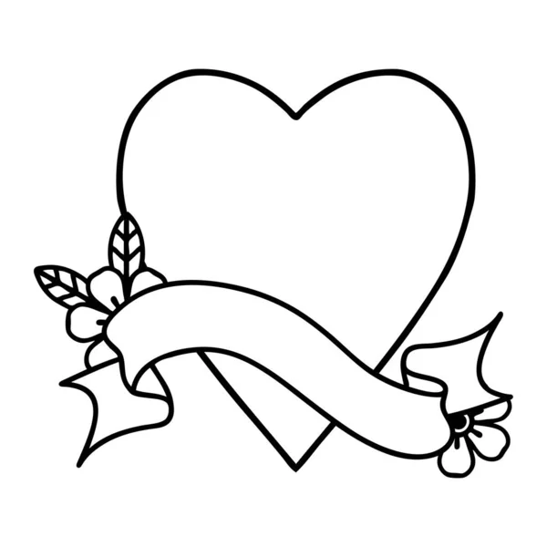 Tradiční Černé Linework Tetování Praporem Srdce — Stockový vektor