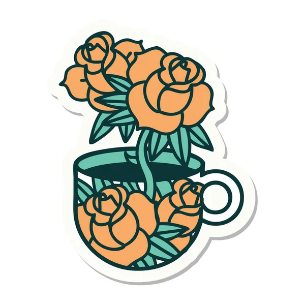 Matrica Tetoválás Hagyományos Stílusban Egy Csésze Virágok — Stock Vector