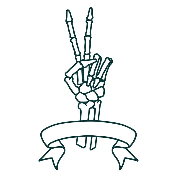 Tatuagem Tradicional Com Bandeira Esqueleto Dando Sinal Paz — Vetor de Stock
