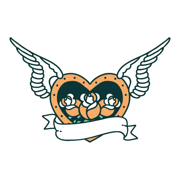 Ikonikus Tetoválás Stílus Kép Egy Repülő Szív Virágokkal Banner — Stock Vector