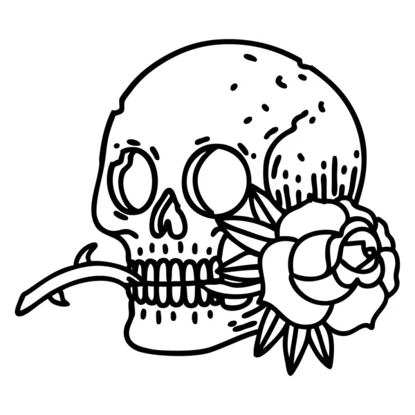 Tattoo Black Line Style Skull Rose — Stock Vector