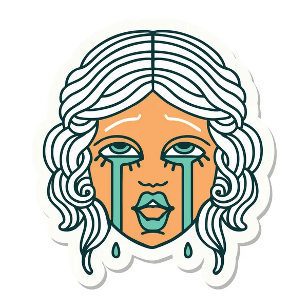 Pegatina Tatuaje Estilo Tradicional Una Cara Femenina Llorando Muy Feliz — Vector de stock