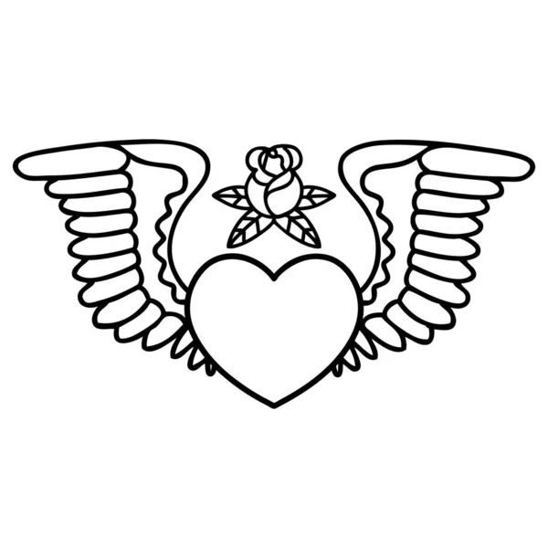 Tatouage Dans Style Ligne Noire Coeur Avec Des Ailes — Image vectorielle