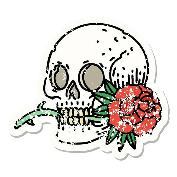 用传统头盖骨和玫瑰的风格制作的令人苦恼的贴纸纹身 — 图库矢量图片
