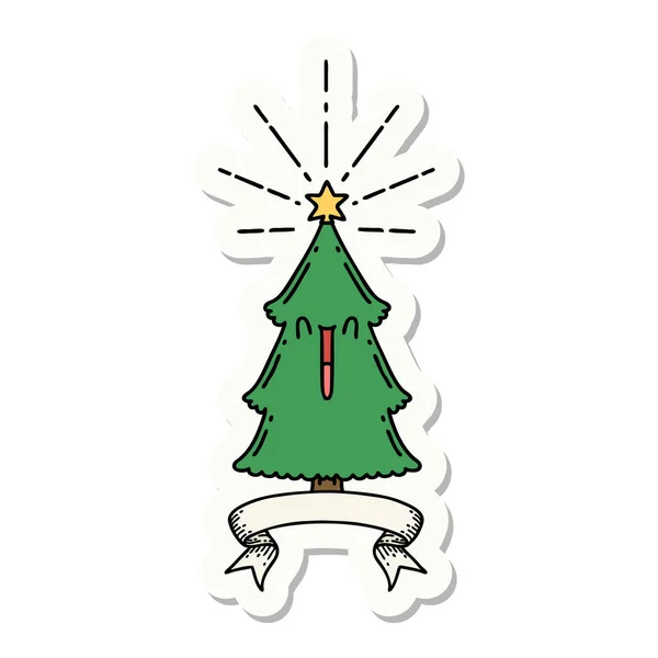 Yıldızlı Bir Dövme Stili Noel Ağacı Çıkartması — Stok Vektör