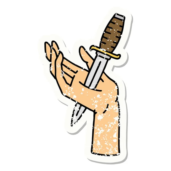 Distressed Sticker Tattoo Traditional Style Dagger Hand — Stock Vector