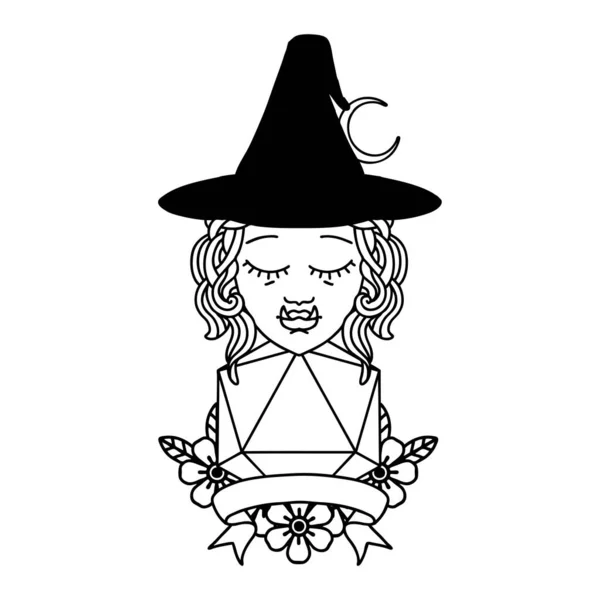Black White Tattoo Linework Style Half Orc Witch Character Natural — Stock Vector