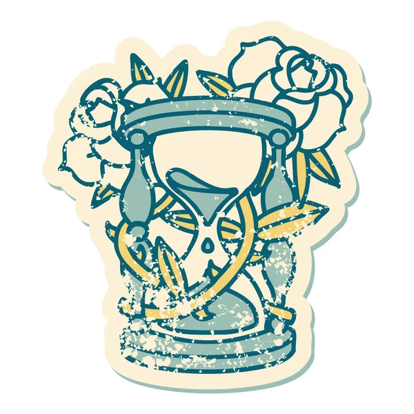 Знаковий Сумний Наклейка Татуювання Стиль Зображення Годинного Скла Квітів — стоковий вектор