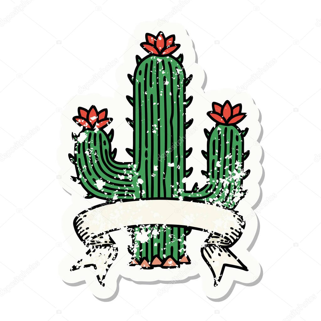 worn old sticker with banner of a cactus