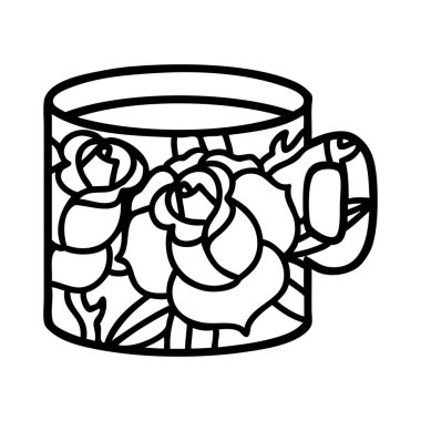 Siyah çizgi şeklinde dövme, fincan ve çiçek şeklinde.