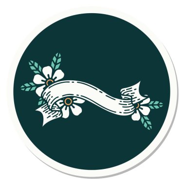 Dövme çıkartması geleneksel bir bayrak ve çiçek stili.