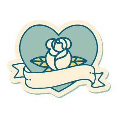 Dövme çıkartması geleneksel tarz bir kalp gülü ve bayrağı 