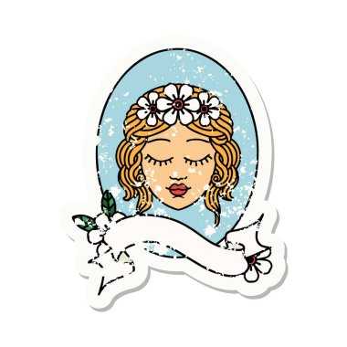 Gözü kapalı bir bakirenin bayrağını taşıyan eski bir etiket.