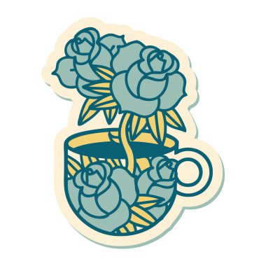 Geleneksel bir fincan ve çiçek stili dövme çıkartması.