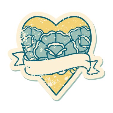 ikonik sıkıntılı dövme stili bir kalp ve çiçekli pankart