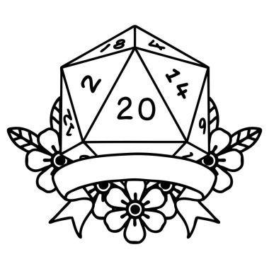 Siyah ve Beyaz Dövme çizim Biçimi Doğal 20 kritik vuruş D20 zar atma