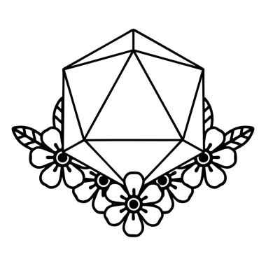 Siyah ve Beyaz Dövme çizim Biçimi Doğal 20 D20 zarları çiçek elementleriyle yuvarlanıyor