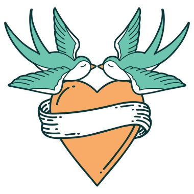 Kırlangıçların ikonik dövme şekli ve sancaklı bir kalp.