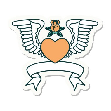 Kanatlı bir kalbin bayrağıyla dövme stili çıkartması